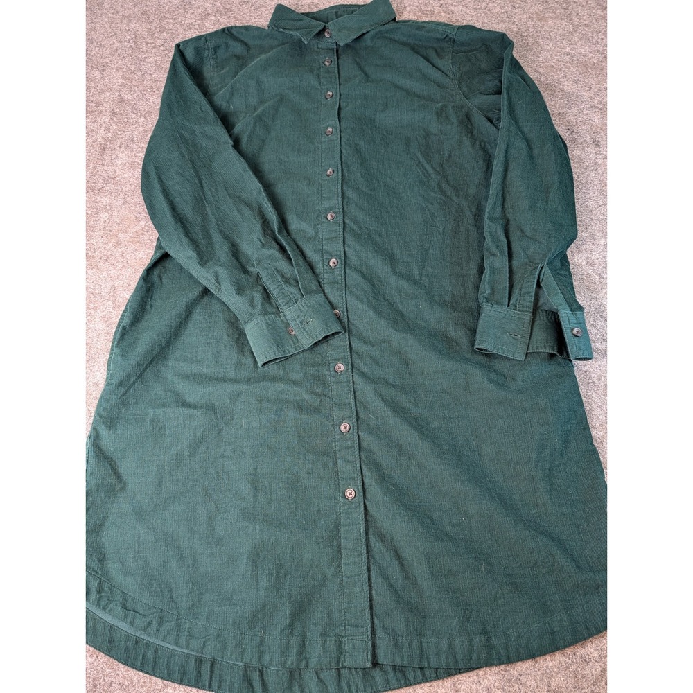 Lands End Green Corduroy Shirt Dress Womens Large 14-16 Cotton Pockets